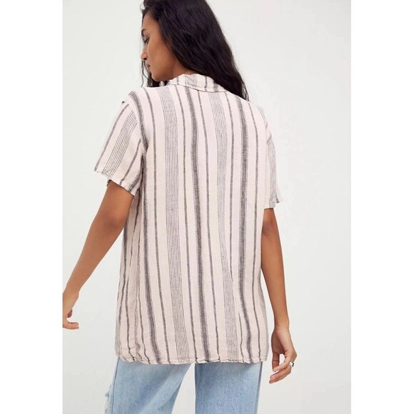 Free People x CP Shades Linen Striped Button Up Shirt Top Tan Navy Blue Sz. S - Picture 2 of 13